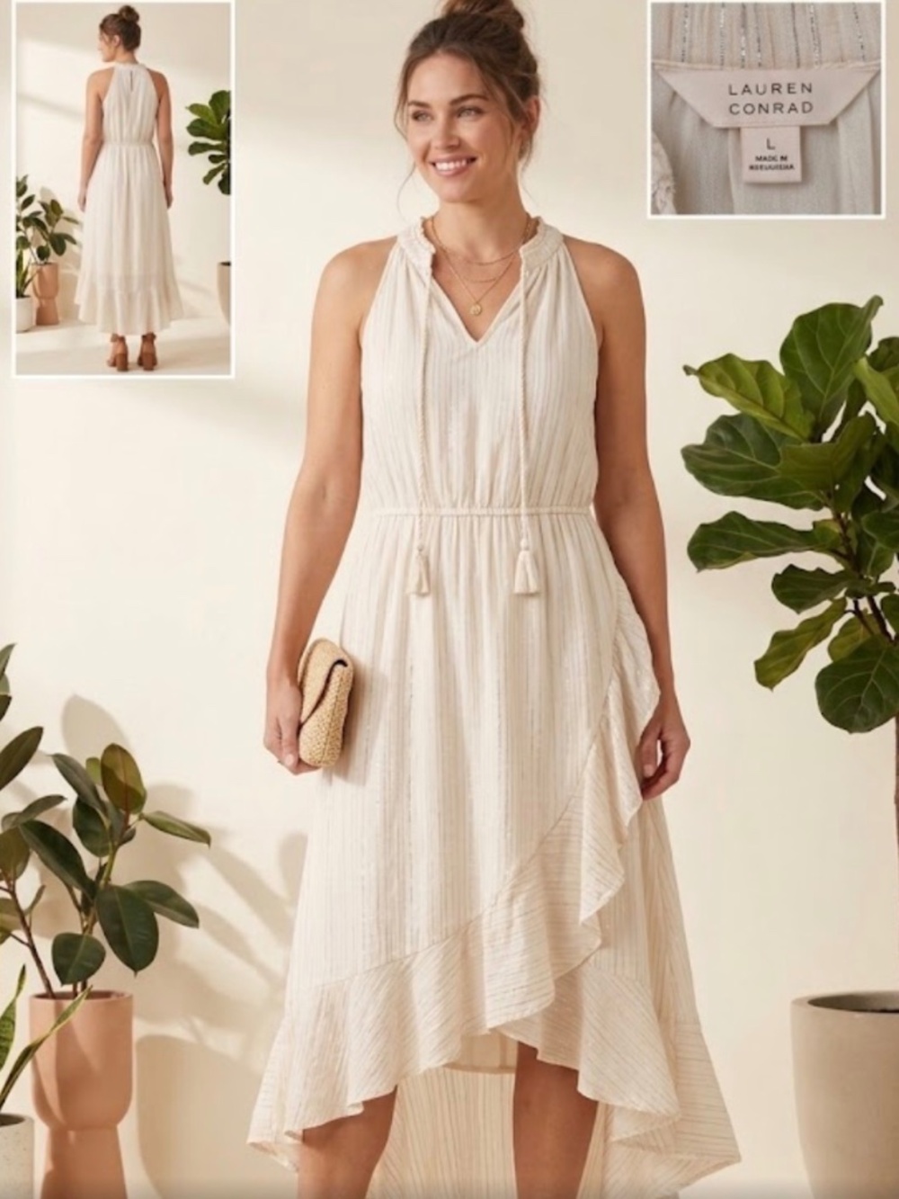 Lauren Conrad Flowy Cream with Pink and gold Stripes Boho Midi Spring Dress